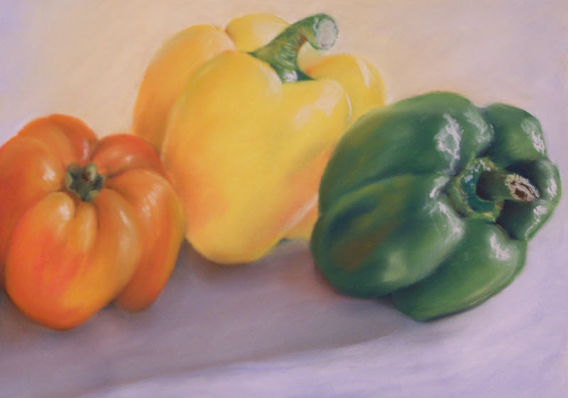 Three Peppers, a still life pastel painting by Deb Ward